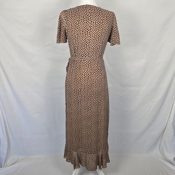 Brown & Black Cheetah Print Wrap Midi Dress, V-Neck Ruffle Hem — Size M - Picture 2 of 3